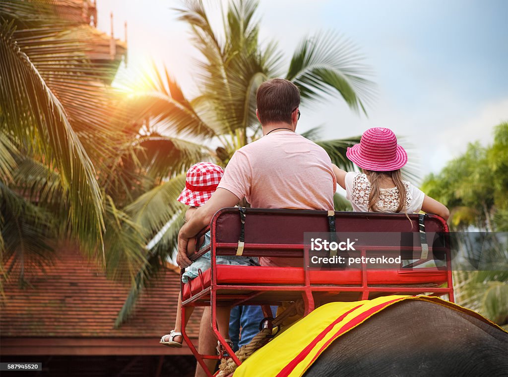 Man and his daughters riding on the back of elephant Man and his daughters riding on the back of elephant in Thailand Elephant Stock Photo