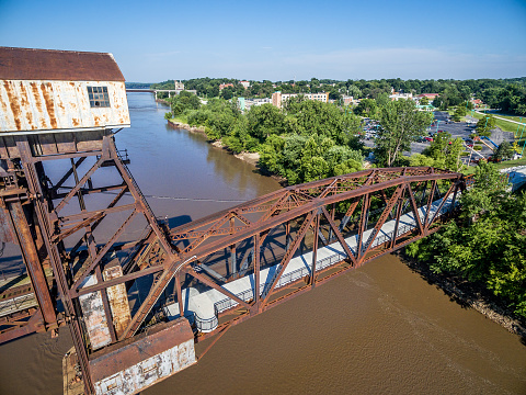 Historic railroad Katy Bridge  over Missouri River at Boonville with a new viewing deck - aerial view