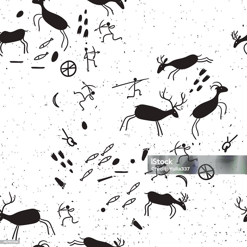 Seamless background with tribal people silhouettes Cave rock painting tribal people silhouettes hunts to animals.Seamless background for your design. Cave stock vector