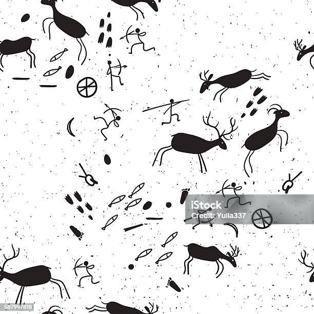 Seamless Background With Tribal People Silhouettes Stock Illustration - Download Image Now - Cave, Painting - Art Product, Caveman