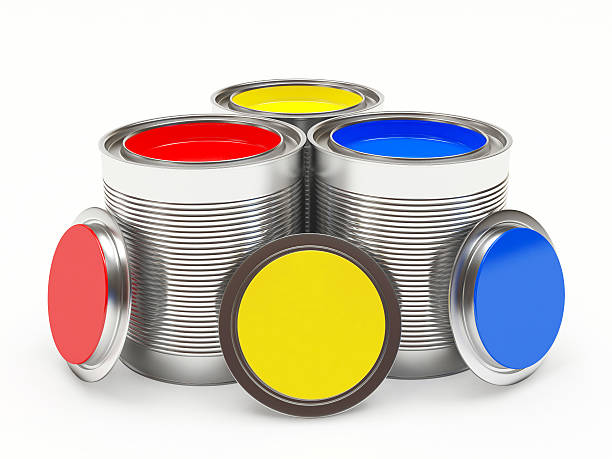 istock Group open cans with colorful paints on white 587948594