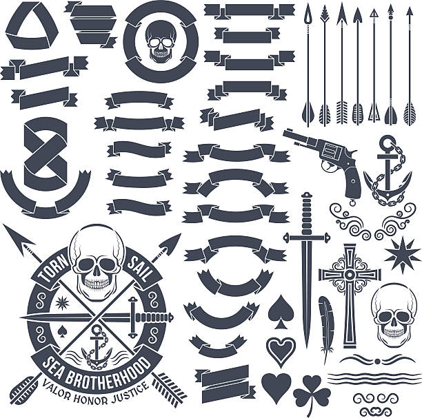 vintage elements Set of vintage elements to create logos. Pirate skull emblem. Heraldic ribbon banners. Cross, dagger, skull, star, pistol, clover, anchor, arrows. banners tattoos stock illustrations