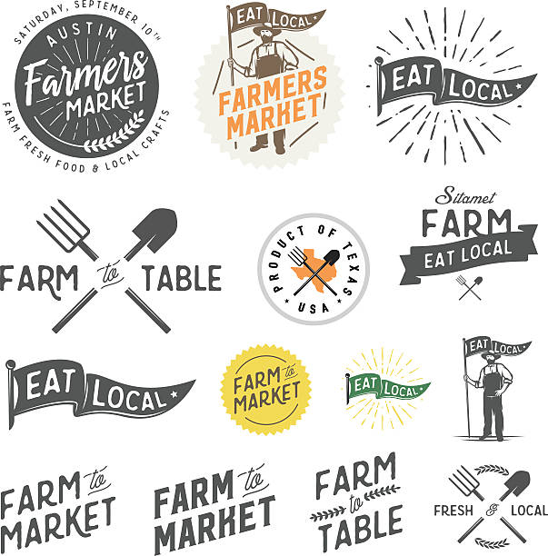 illustrazioni stock, clip art, cartoni animati e icone di tendenza di etichette di mercato per aziende agricole e contadine vintage, badge, emblemi ed elementi di design - organic sign food community