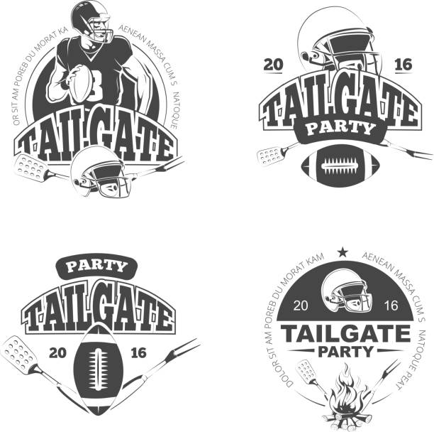 ilustrações de stock, clip art, desenhos animados e ícones de american football tailgate party vintage labels vector set - tailgate