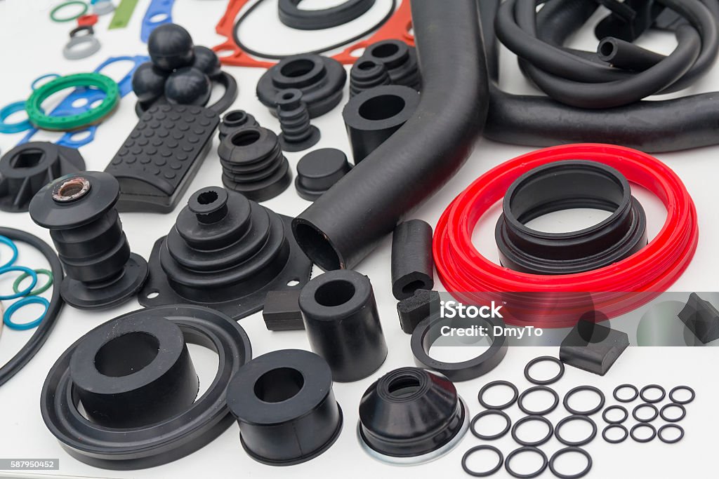 Various rubber products and sealing products Various rubber products and sealing products at the exhibition stand. Industry Rubber - Material Stock Photo