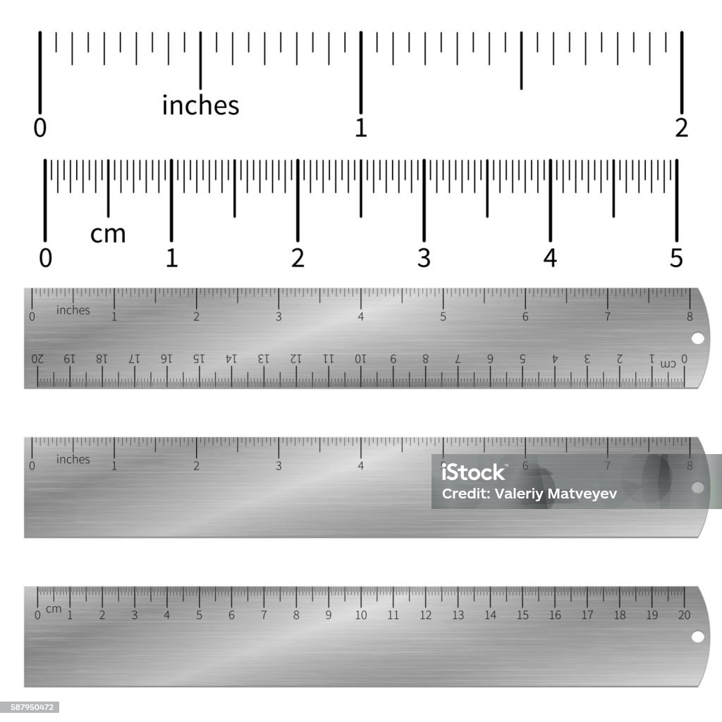 Metric imperial and decimal inch rulers vector set Metric imperial and decimal inch rulers vector set. Measure tools equipment illustration Ruler stock vector