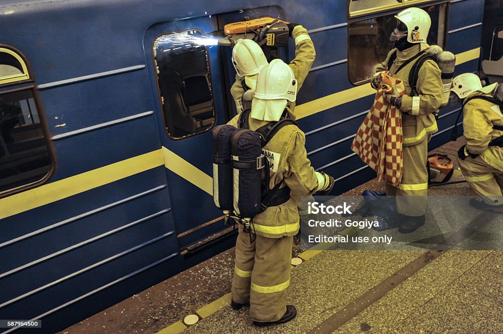 the Emergencies Ministry exercises  Saint-Petersburg, Russia - August 12, 2016: Integrated special tactical exercises in the aftermath of the subway. The extras playing the wounded during a terrorist attack. Accidents and Disasters Stock Photo
