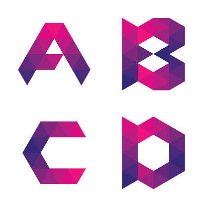 Series of letters a, b, c, d formed by colored triangles. Geometric shape. White background. Isolated.