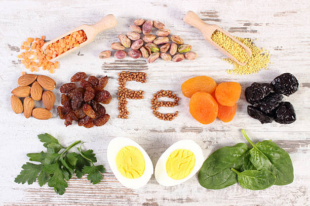 Ingredients and products containing iron and dietary fiber, healthy nutrition stock photo