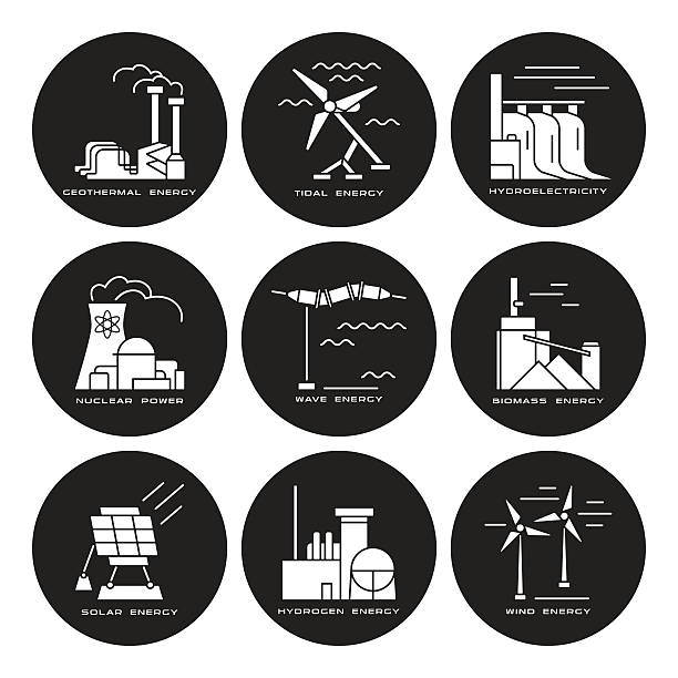 vektor-set von web-icons auf stromerzeugungsanlagen - tide power wave fuel and power generation stock-grafiken, -clipart, -cartoons und -symbole