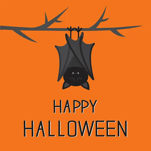 Vector illustration of Happy Halloween card. Bat hanging on tree branch.