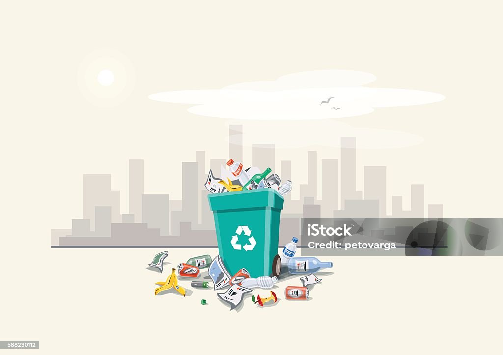 Littering Garbage around the Trash Bin on the Street Vector illustration of littering waste that have been disposed improperly around the dust bin on street exterior with city skyscrapers skyline in the background. Garbage can full of overflowing trash. Trash is fallen on the ground, cartoon style. Garbage stock vector