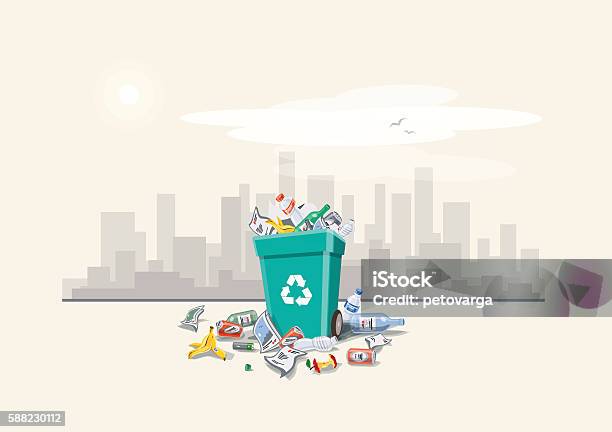 Littering Garbage Around The Trash Bin On The Street Stock Illustration - Download Image Now