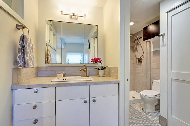 istock White bathroom interior design with flower pot. 588232662