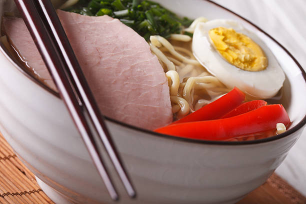 istock Japanese food: noodles ramen with pork and egg macro. horizontal 588238802