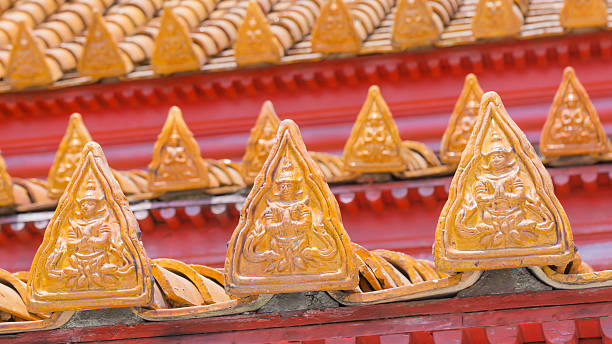 istock Thai temple roof with thai angels relief on roof. 588246164