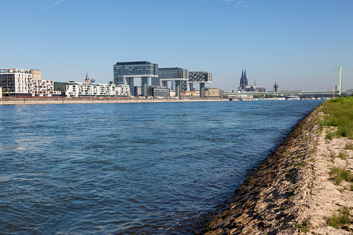 Rhine river and the skyline of Cologne in North Rhine-Westphalia, Germany