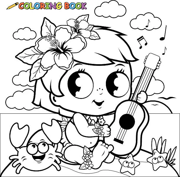 Vector illustration of Hawaiian baby girl on an island playing the ukulele.