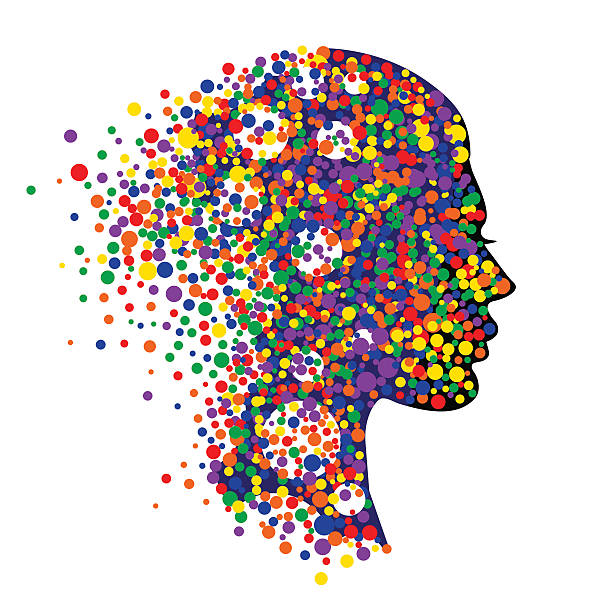 Woman head isolated on white background. Woman head isolated on white background. Abstract vector illustration of face with colorful circles round head stock illustrations