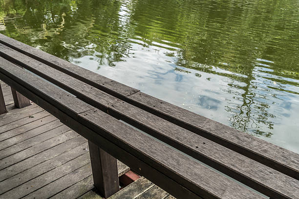 istock Wood bench near the lake 588253278
