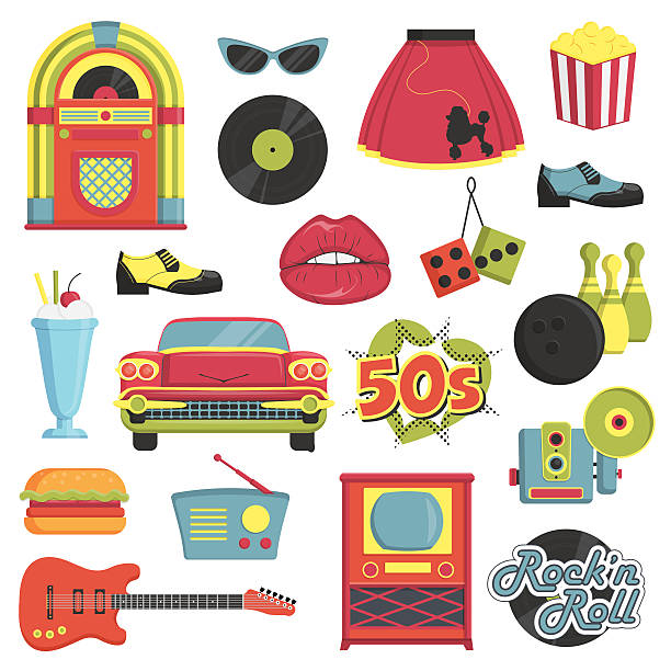 Vintage 1950s retro style item set Collection of vintage retro 1950s style items that symbolize the 50s decade fashion accessories, style attributes, leisure items and innovations. label clipart stock illustrations