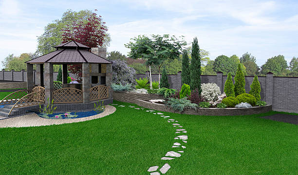 야외 거실 공간, 3d 렌더 - landscaped retaining wall stone flower bed 뉴스 사진 이미지