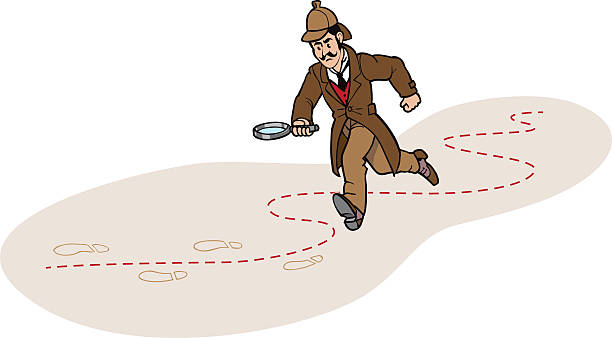 ilustraciones, imágenes clip art, dibujos animados e iconos de stock de detective persiguiendo una pista - detective inspector forensic science searching