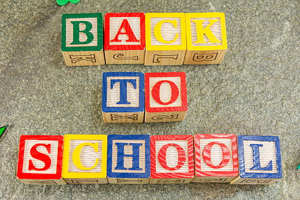 istock Back to school written with wooden letters on stone 588255876
