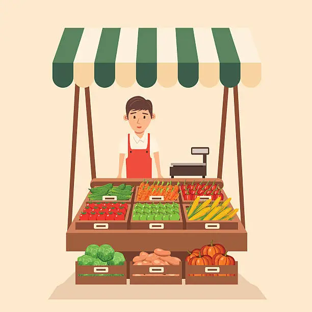 Vector illustration of Local stall market. Selling vegetables. Flat vector illustration
