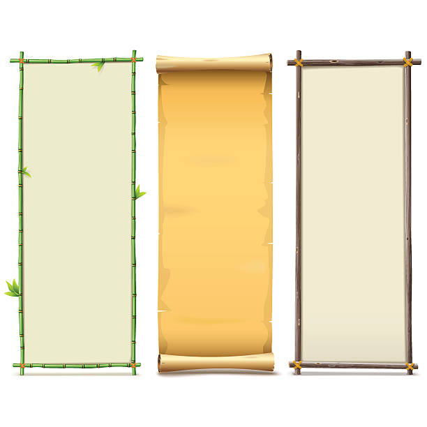 Vector Boards Set 8 Vector vertical bamboo and wooden board, paper scroll isolated on white background bamboo background stock illustrations