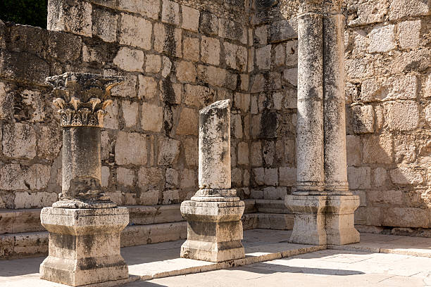 Row of stone pillars. Classic modern building facade