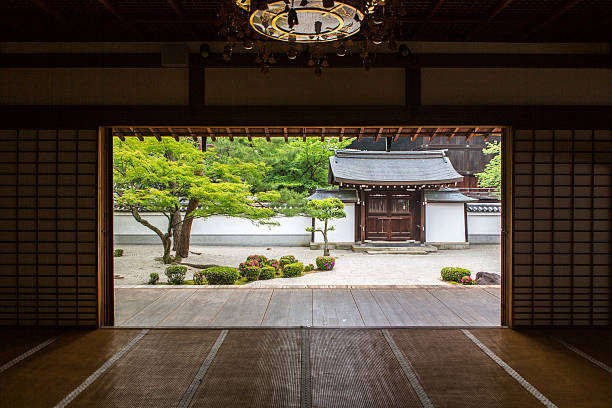 japanese shoji washi paper door at chionji temple kyoto japan - rock garden imagens e fotografias de stock