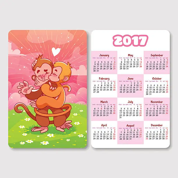 Vector illustration of Calendar for 2017 year with cute monkeys.