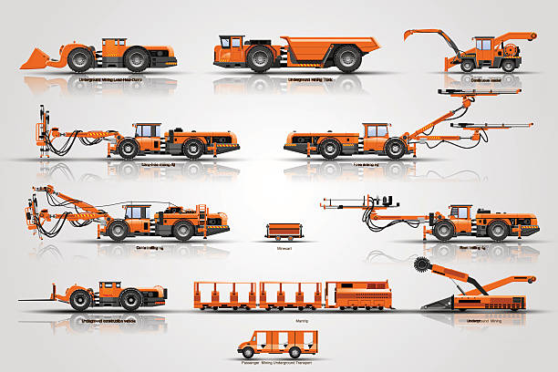 unterirdische bergbaumaschinen - front end loader construction vehicle metal industry mining stock-grafiken, -clipart, -cartoons und -symbole