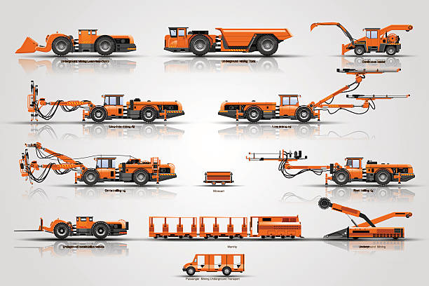 podziemne maszyny górnicze - loading wheel mining equipment stock illustrations