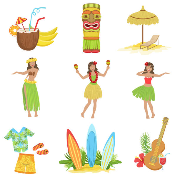 hawaiian urlaub set von klassischen symbolen - carved rock stock-grafiken, -clipart, -cartoons und -symbole