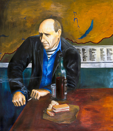 The oil painting. A retired sailor sits at map with a bottle of red wine