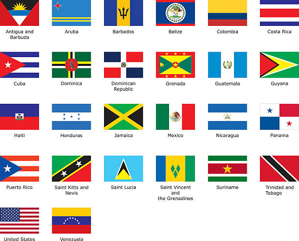 flags of Caribbean flags of Caribbean with an aspect ratio of 2:3 with country names caribbean stock illustrations