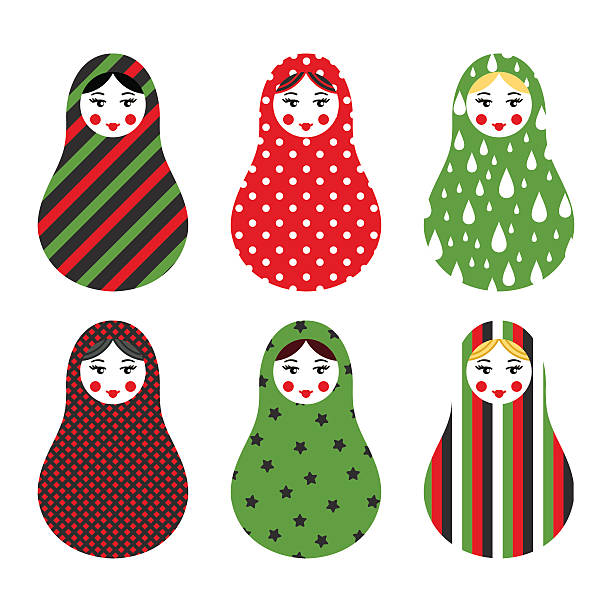 illustrazioni stock, clip art, cartoni animati e icone di tendenza di set di giocattoli tradizionali russi in legno, babushka, matryoshka, semplice urss - russian culture traditional culture souvenir folk music