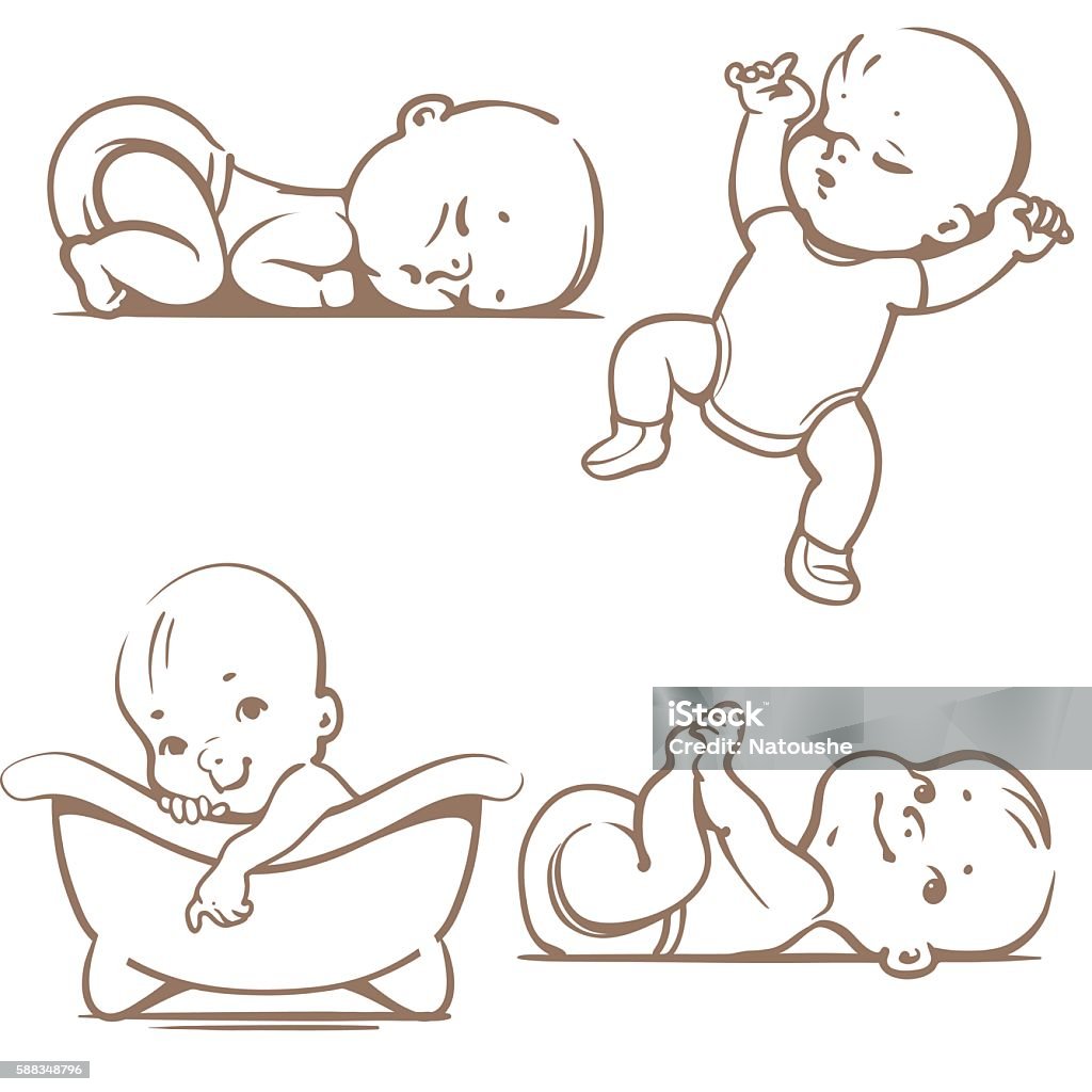 baby Cute baby boys and girls. Sleeping positions. Various poses.First year activities. Swimming in bath, lying on stomach, lying on back holding legs. Monochrome vector Illustration isolated on white background Baby - Human Age stock vector