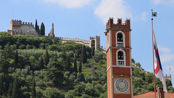Ancient tower in the main square and the castle in Marostica Town in Italy