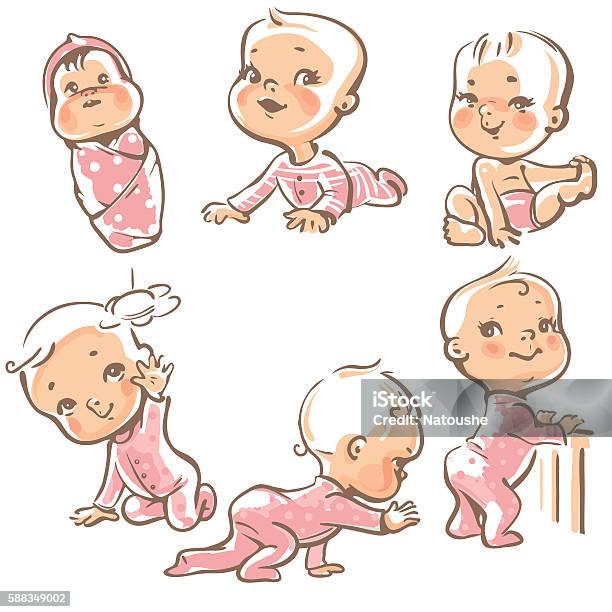 Cute Babies In Pink Clothes Stock Illustration - Download Image Now - Activity, Baby - Human Age, Baby Girls