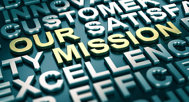 Corporate Communication Concept, Our Mission. 3D illustration of a company mission statement with blur effect and many positive words surrounding the main text financial statement stock pictures, royalty-free photos & images