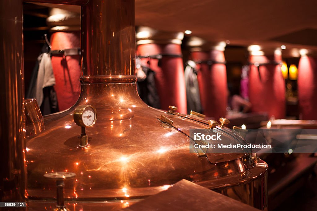 Micro Brewery Copper fermenters in a beer brewery Brewery Stock Photo