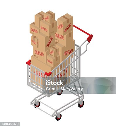 istock Shopping cart and box sale isometric. Shopping at supermarket. M 588358120