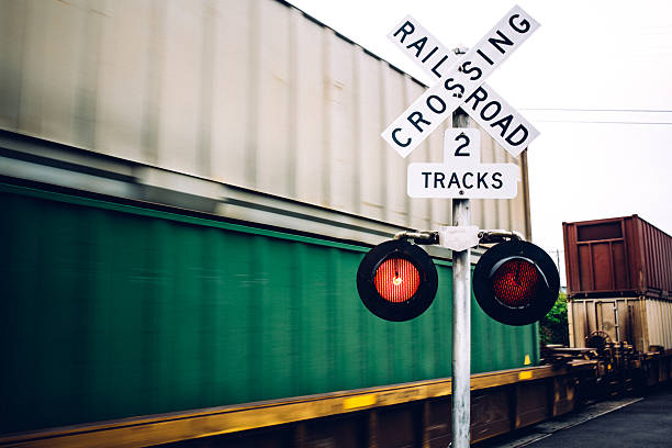 istock Railroad Crossing Sign and Passing Train 588360228