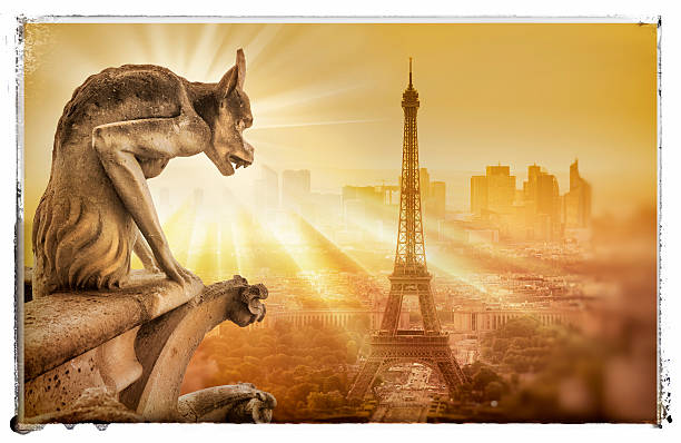 istock Gargoyle figur on Notre Dame looking towards Eiffel Tower 588361572