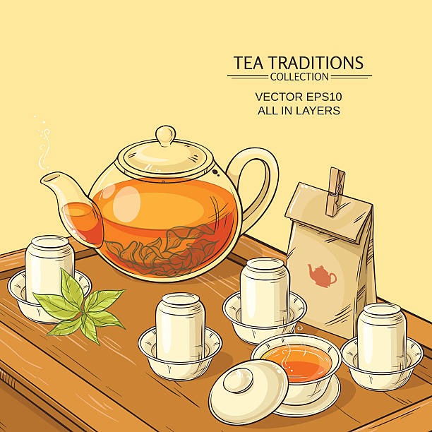 чайная церемония  - tea leaves chinese tea green tea leaf stock illustrations