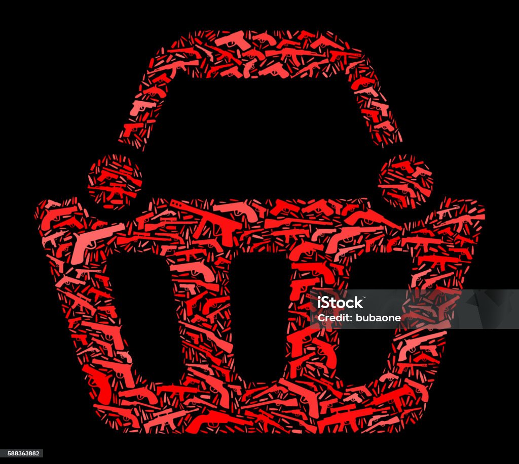 Shopping Cart Gun Icon Pattern Background Shopping Cart Gun Icon Pattern Background. The icon shape is made up of various gun and bullet icons in red color. The background is solid black and the red guns, machine guns, bullet, cross hair and target icons vary in size. AK-47 stock vector