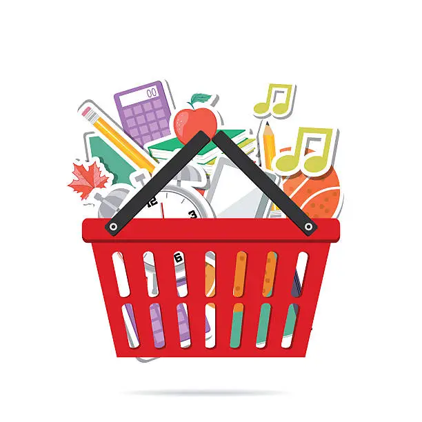 Vector illustration of Shopping Cart Filled With Back To School Supplies